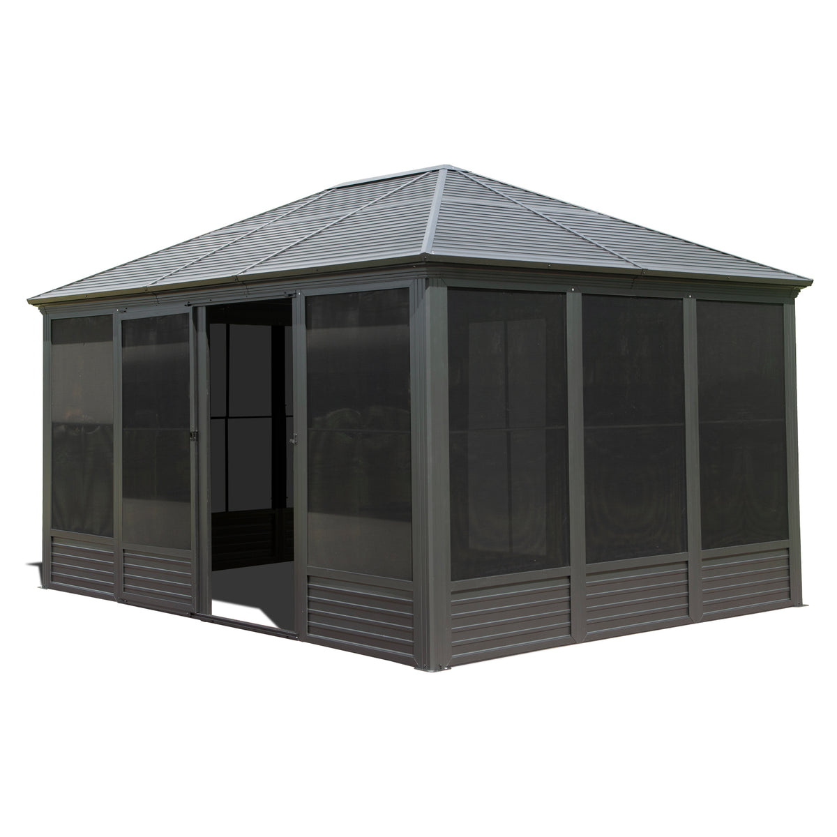 11.2x14.6FT Sunroom, Four Season Solarium Aluminum Hardtop Gazebo with Galvanized Steel Roof, Movable PVC Screen Walls, Sliding Doors, Sun Room Pavilion Gazebo for Patio Deck Backyard, Gray