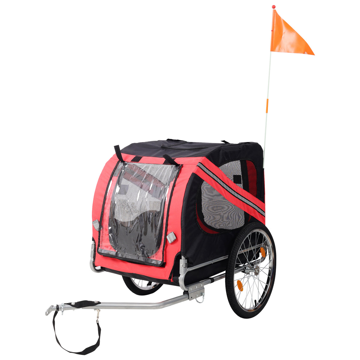 Fabric & Steel Collapsible Pet Bike Trailer, Red Black, Dog Bicycle Trailer, Foldable Pet Cart Carrier with Safety Flag & Mesh Window for Small Medium Dogs