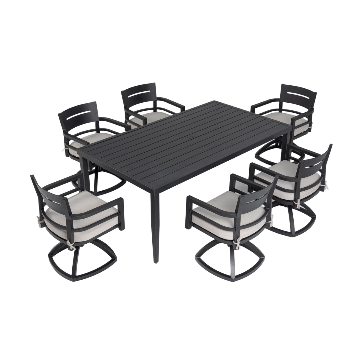 7-Piece Outdoor Patio Aluminum Furniture, Modern Dining Set, including 6 Swivel Rockers Sunbrella Fabric Cushioned and Rectangle Dining Table with Umbrella Hole, Ember Black