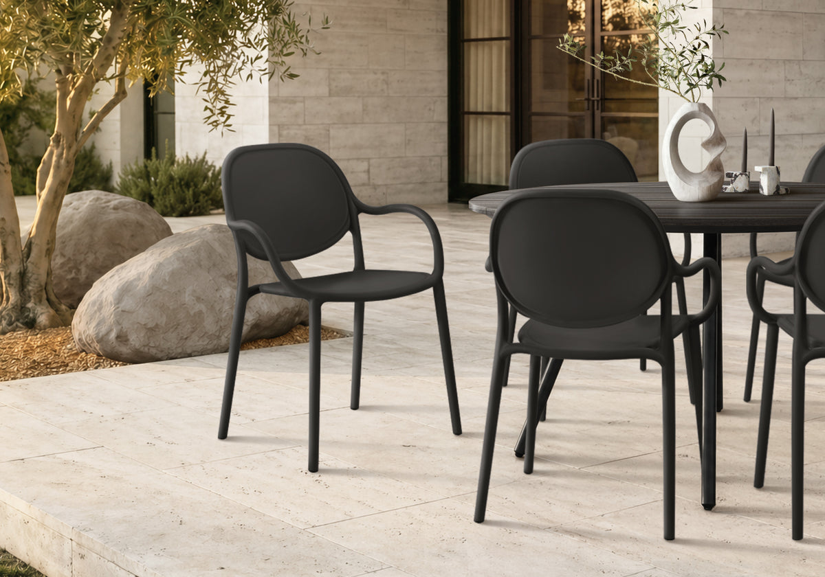 Outdoor Chair, 32'h, Stacking Dining Armchair, Patio Chairs, Set Of 4, Black, Contemporary, Modern