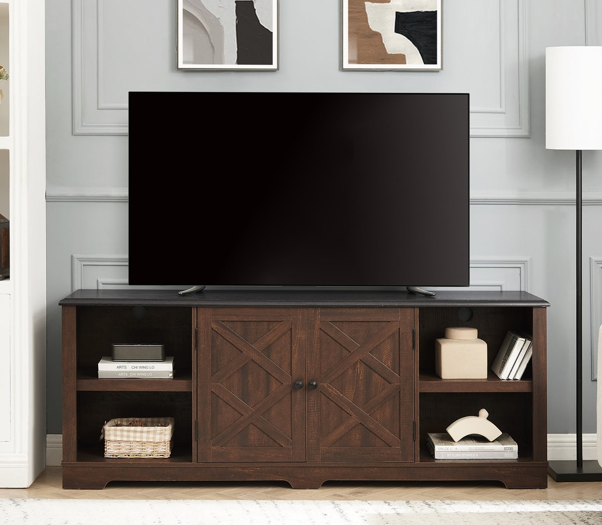 Modern Farmhouse TV Media Stand, Large Barn Inspired Home Entertainment Console, for TV Up to 80'', with Open Shelves and Closed Cabinets, Espresso and Black, 70'W*15.55'D*26.89'H