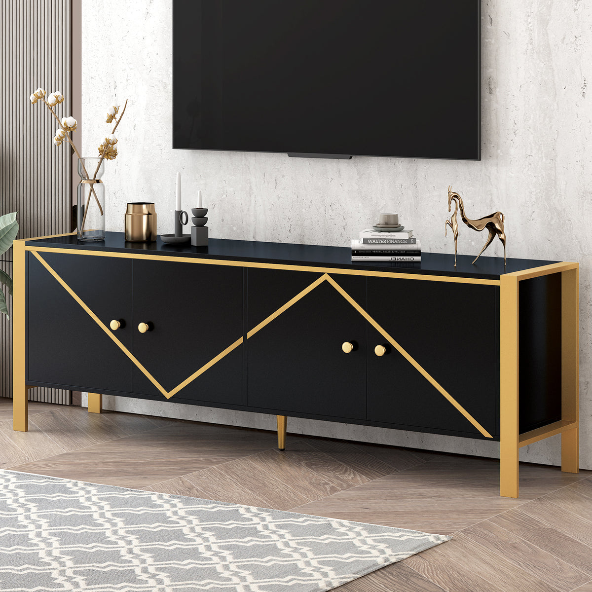 U-Can 70.9''Modern Minimalist TV Stand for TVs up to 75 Inches, Entertainment Center Media Console Cabinet with 2 Spacious Cabinets for Living room