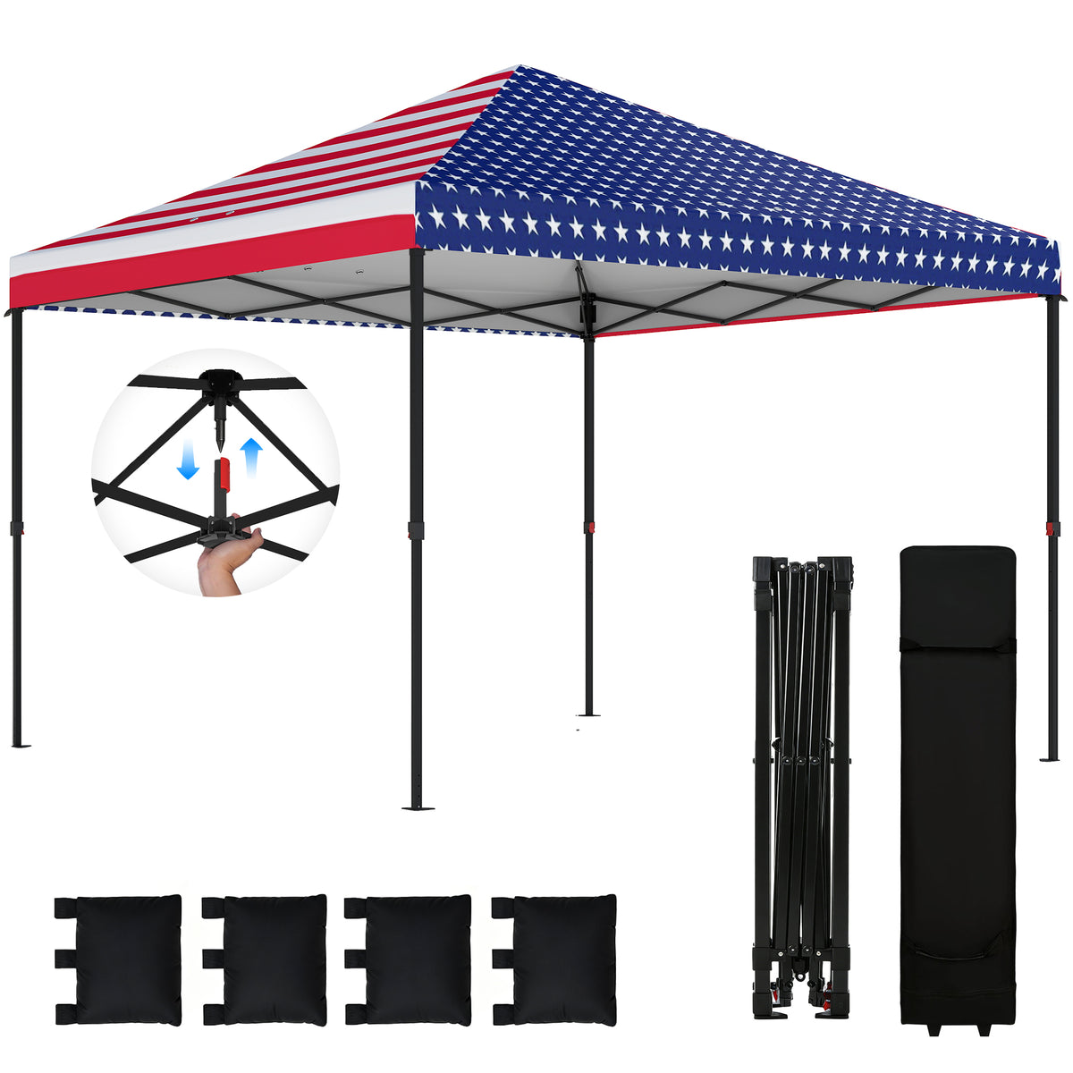 Outsunny 10 x 10 ft Pop Up Canopy Tent with One Push Setup, Easy Setup Outdoor Portable Instant Canopy Shelter with Wheeled Carry Bag, Sandbags, Adjustable Height for Parties, Events, American Flag