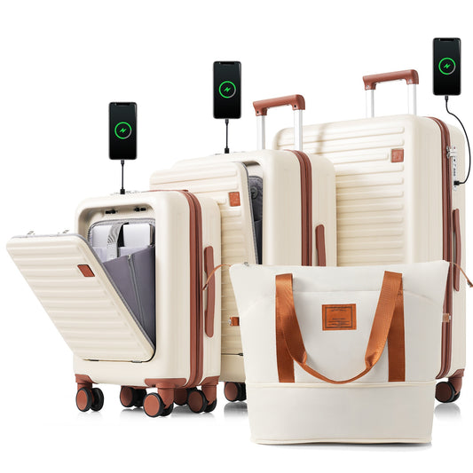Luggage Set of 4, 20, 24, 28inch with USB Port, 20, 24inch with front opening design Airline Certified Carry on Luggage with Cup Holder, ABS Hard Shell Luggage with Expandable Travel Bag, ivory