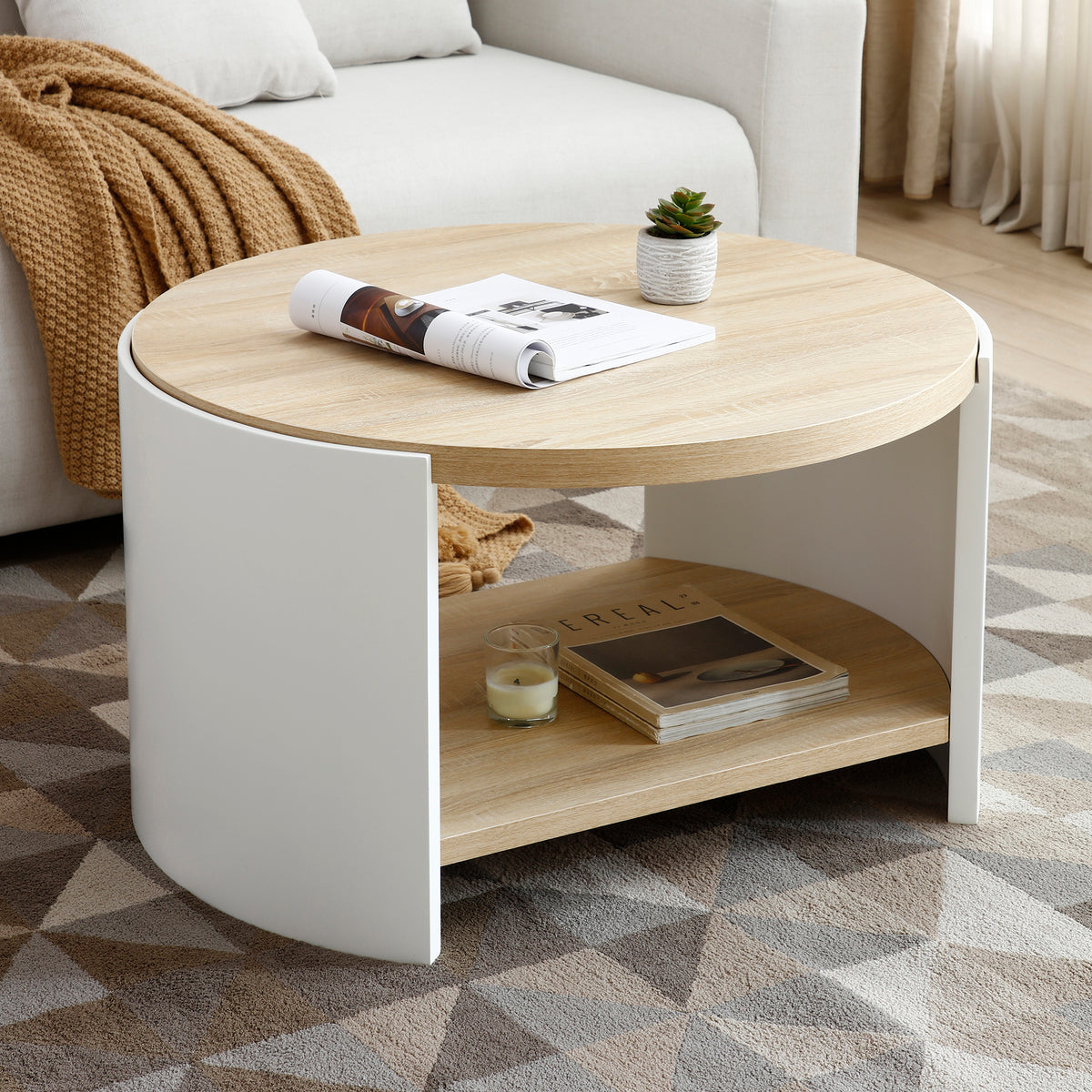 Round Coffee Table,31' Coffee Table for Living Room,2-Tier Rustic Wood Desktop with Storage Shelf Modern Design Home Furniture(Natural color and white)