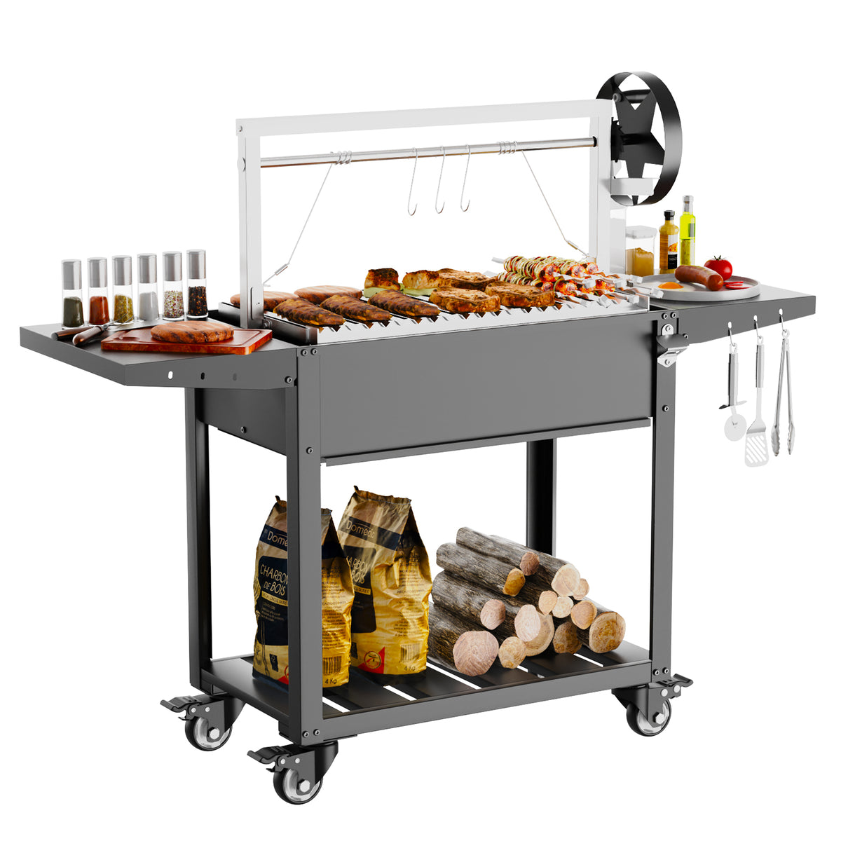 Argentine Santa Maria Wood Fire & Charcoal BBQ Grill with Adjustable Height Grates, S-Hooks, Foldable Prep Table, Outdoor Open Fire Grill with Storage for Patio & Backyard