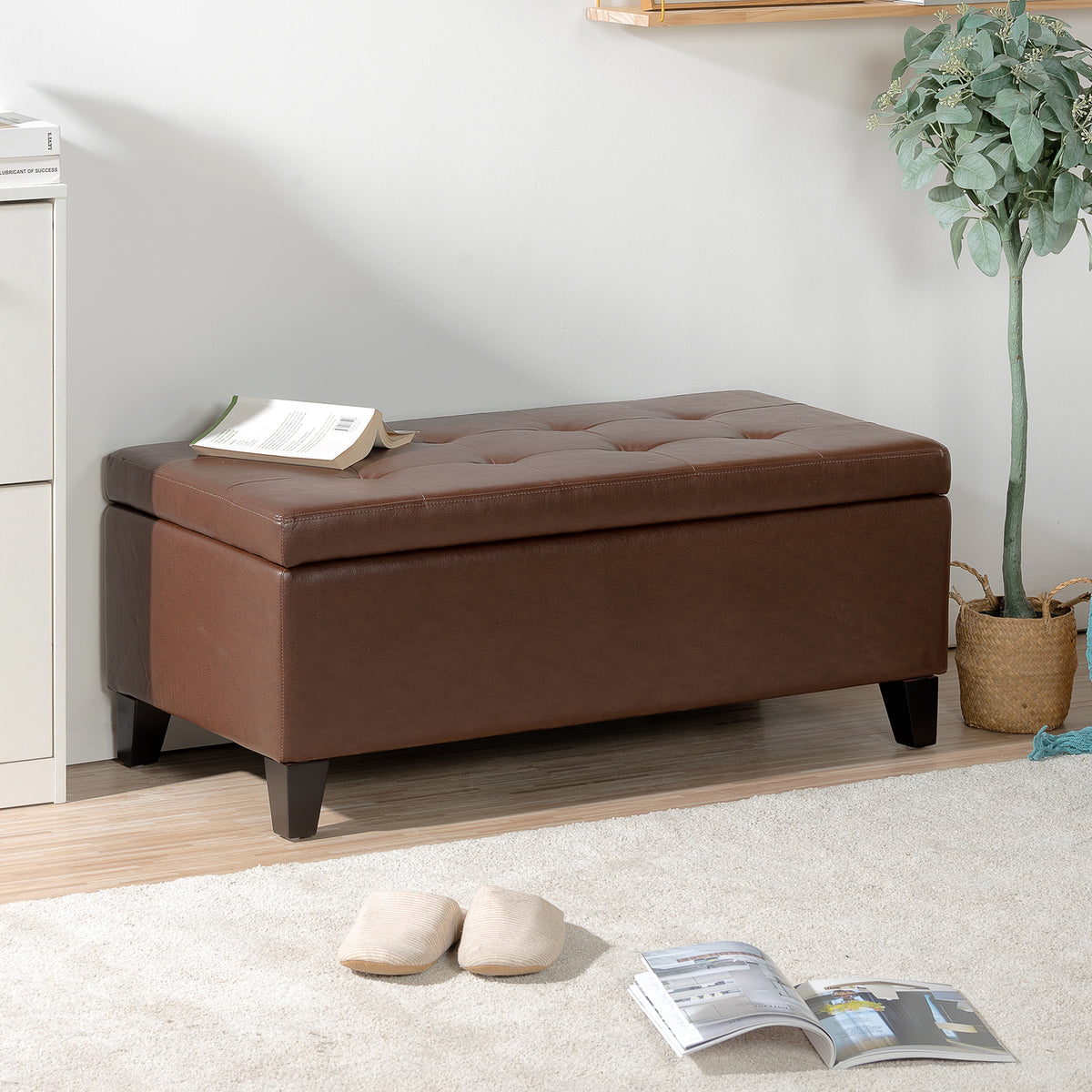 Storage Ottoman with Wooden Legs, Faux Leather Ottoman with Storage for Living Room, Bedroom & Hallway, Ottoman Foot Rest, 38.4' Brown Ottoman