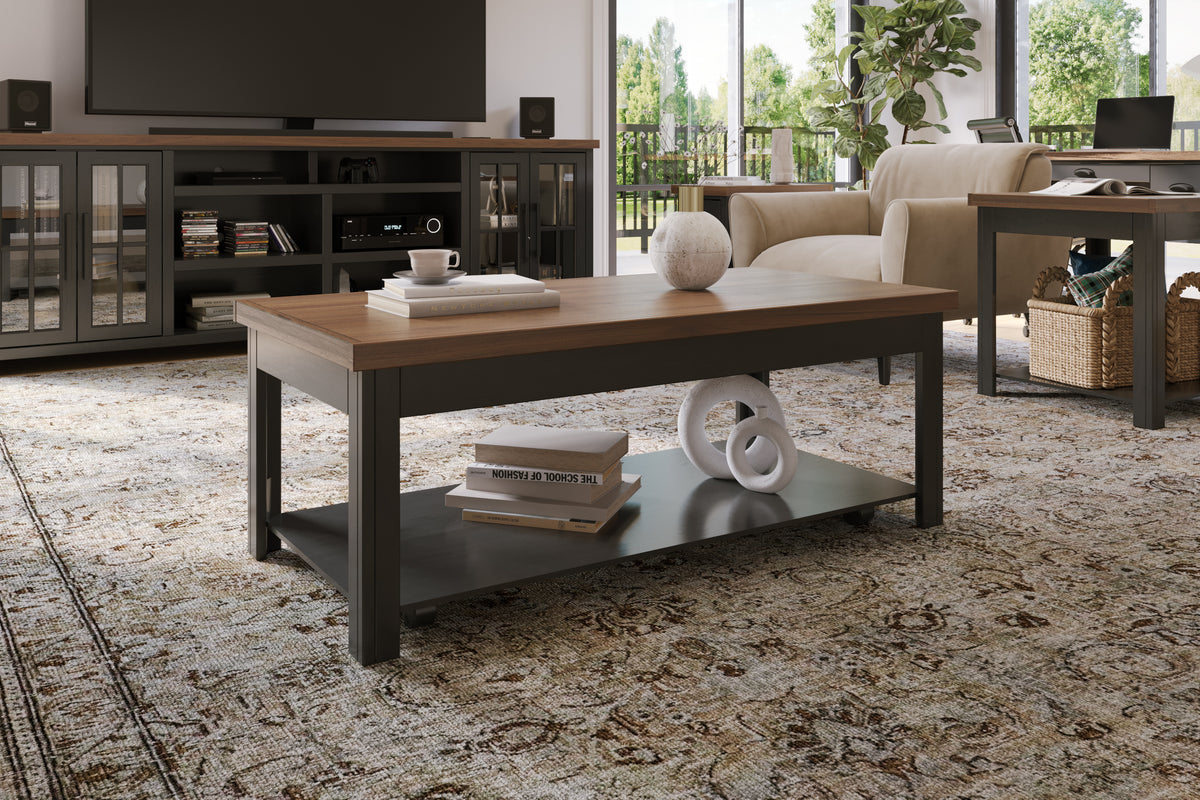 48 inch Coffee Table, No Assembly Required, Black and Whiskey Finish