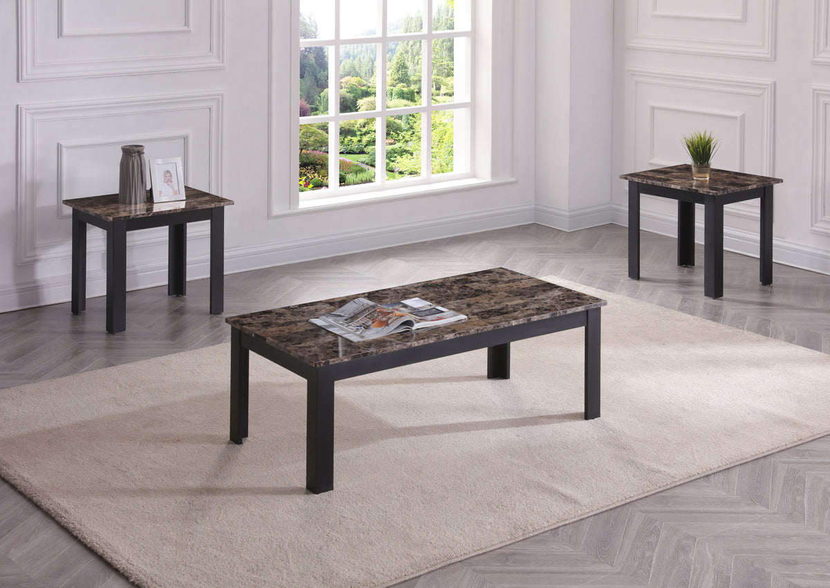 3pc Set Traditional Style Rectangular Coffee Table Square Shape End Table Wooden Legs Faux Marble Top Wooden Furniture Brown Finish