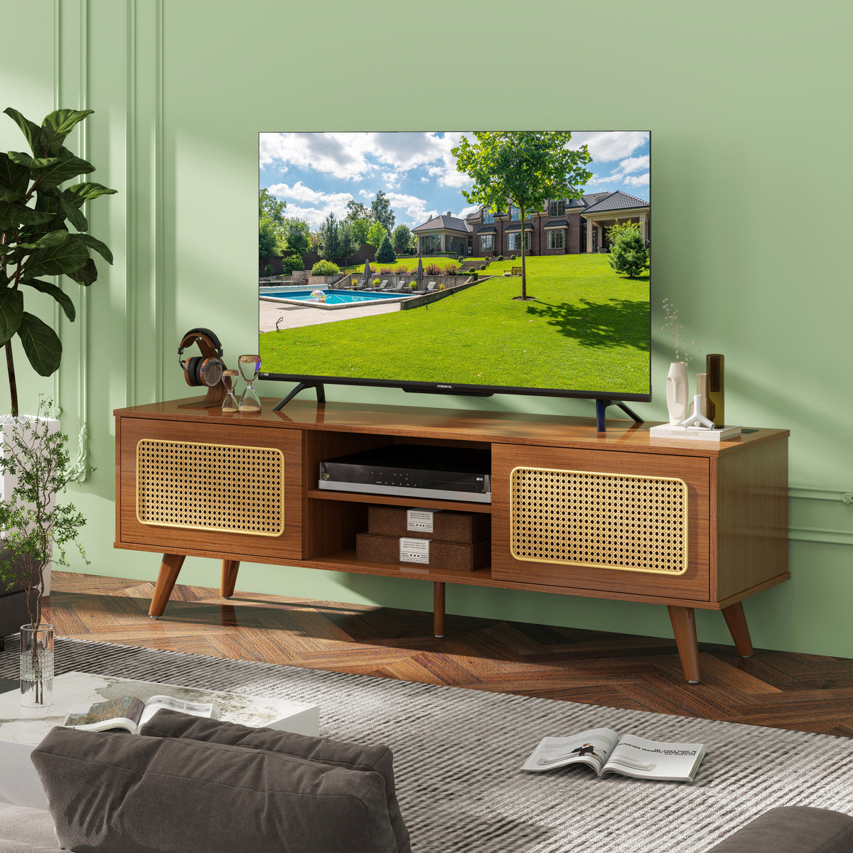 Mid Century Modern Rattan TV Stand for 55/60/65 inch TV , Entertainment Cabinet, Media Console for Living Room Bedroom Media Room, Solid Wood Feet & Rattan Cabinet Doors  (Walnut, 59')