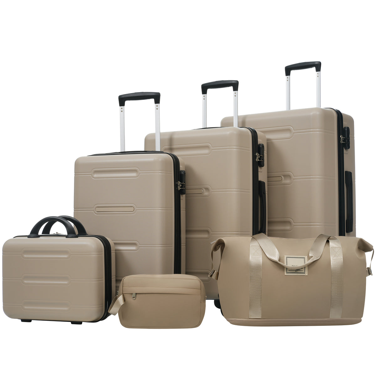 Lightweight Hardshell Luggage Set with Spinner Wheels and Password Lock, 6-Piece Travel Collection in Khaki ABS Material, Includes 14-In Cosmetic Case, 20/24/28-In Luggages, Duffel Bag, Toiletry Bag