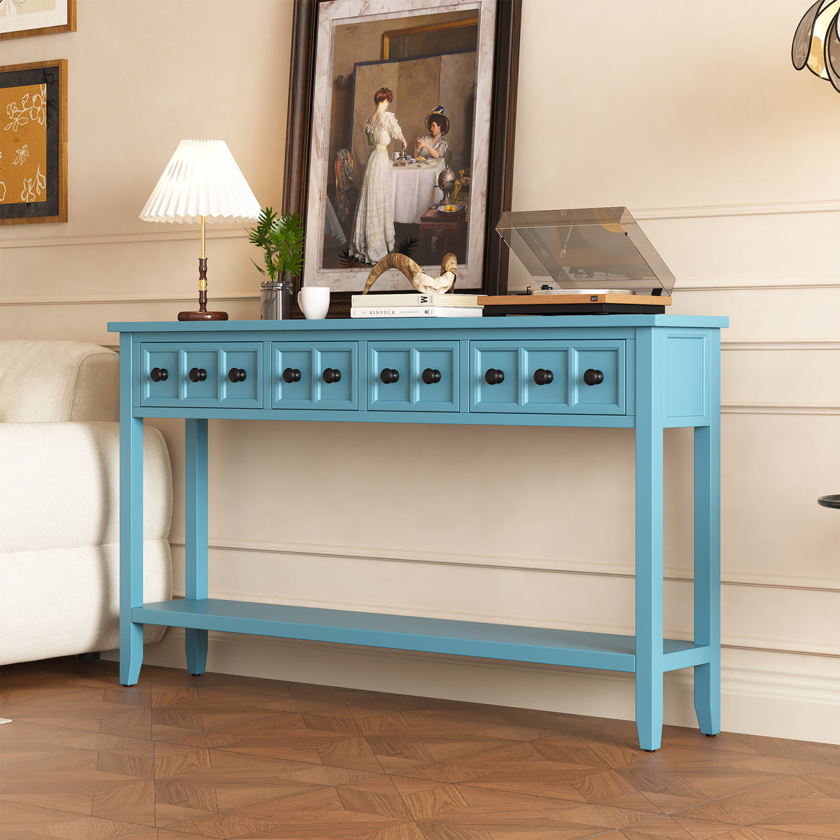 TREXM Rustic Entryway Console Table, 60' Long Sofa Table with Two Different Size Drawers and Bottom Shelf for Storage (Turquoise Green)