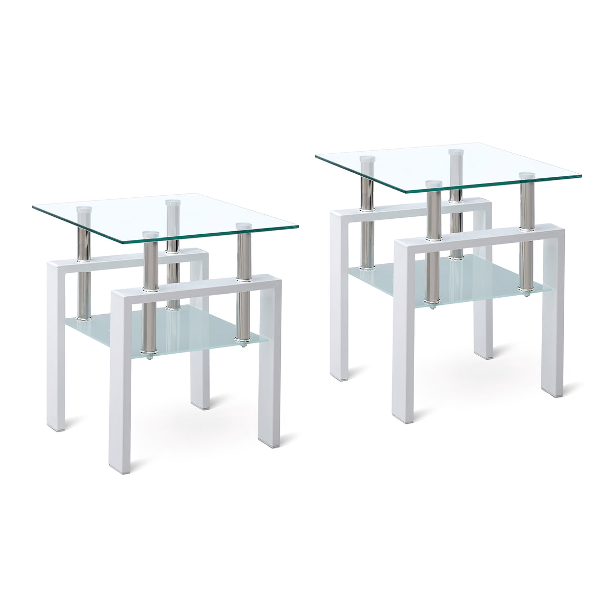 2 pieces White Tempered Clear Glass End Table, 2-Layers Small Table with Storage, Living Room Side Table