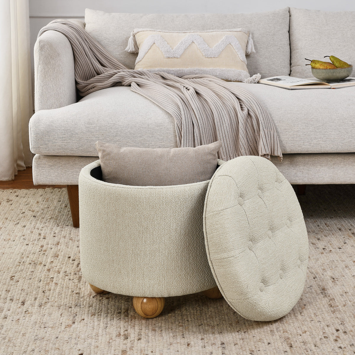 Round Storage Ottoman, multi-functional round linen button Ottoman, lid can be turned over as a table top, with storage space-BEIGE