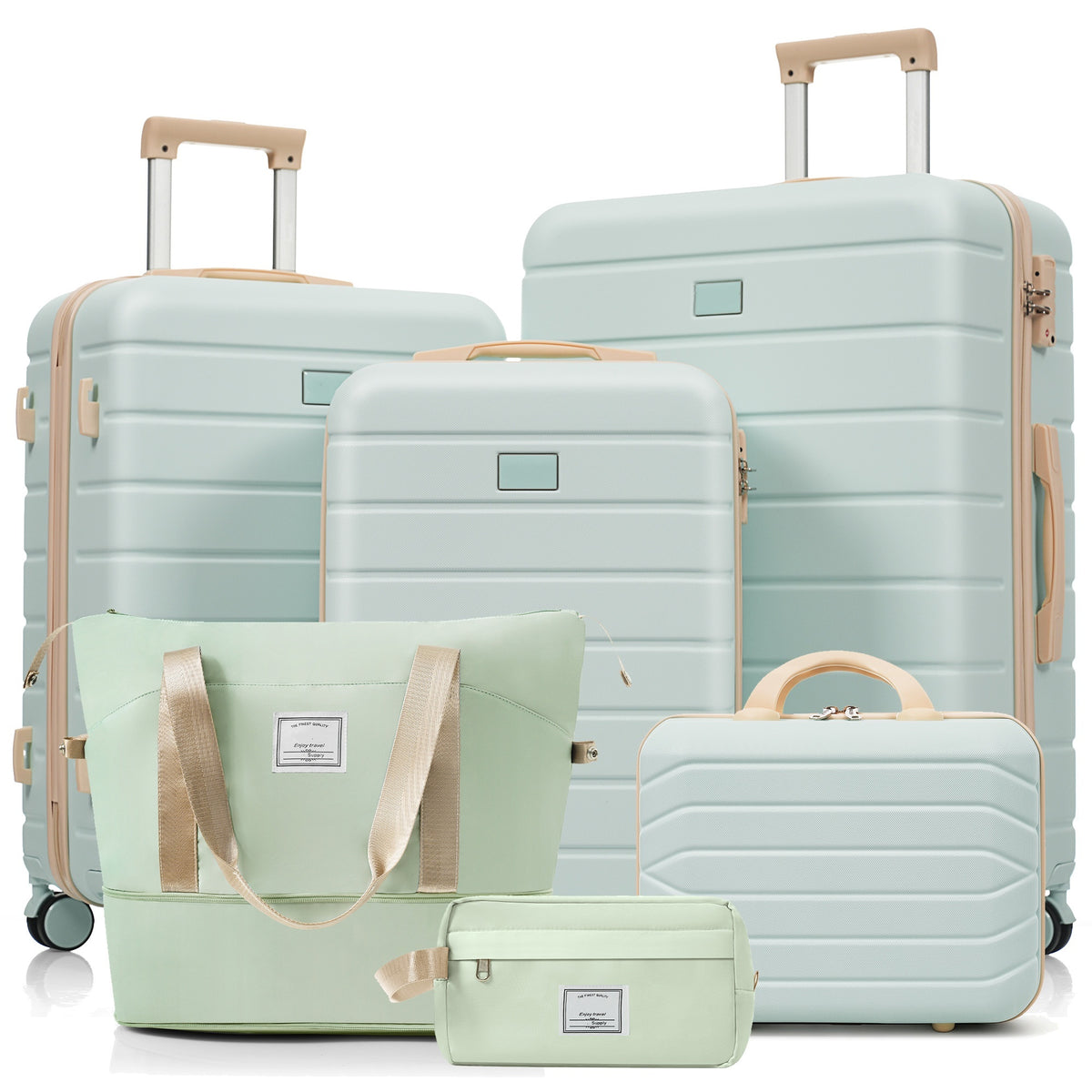 6-Piece Hardside Luggage Set with TSA Lock, 14/20/24/28 Inch Spinner Suitcase Set with Expandable Travel Duffel Bag & Waterproof Toiletry Kit, Adjustable Handle (
grey green)