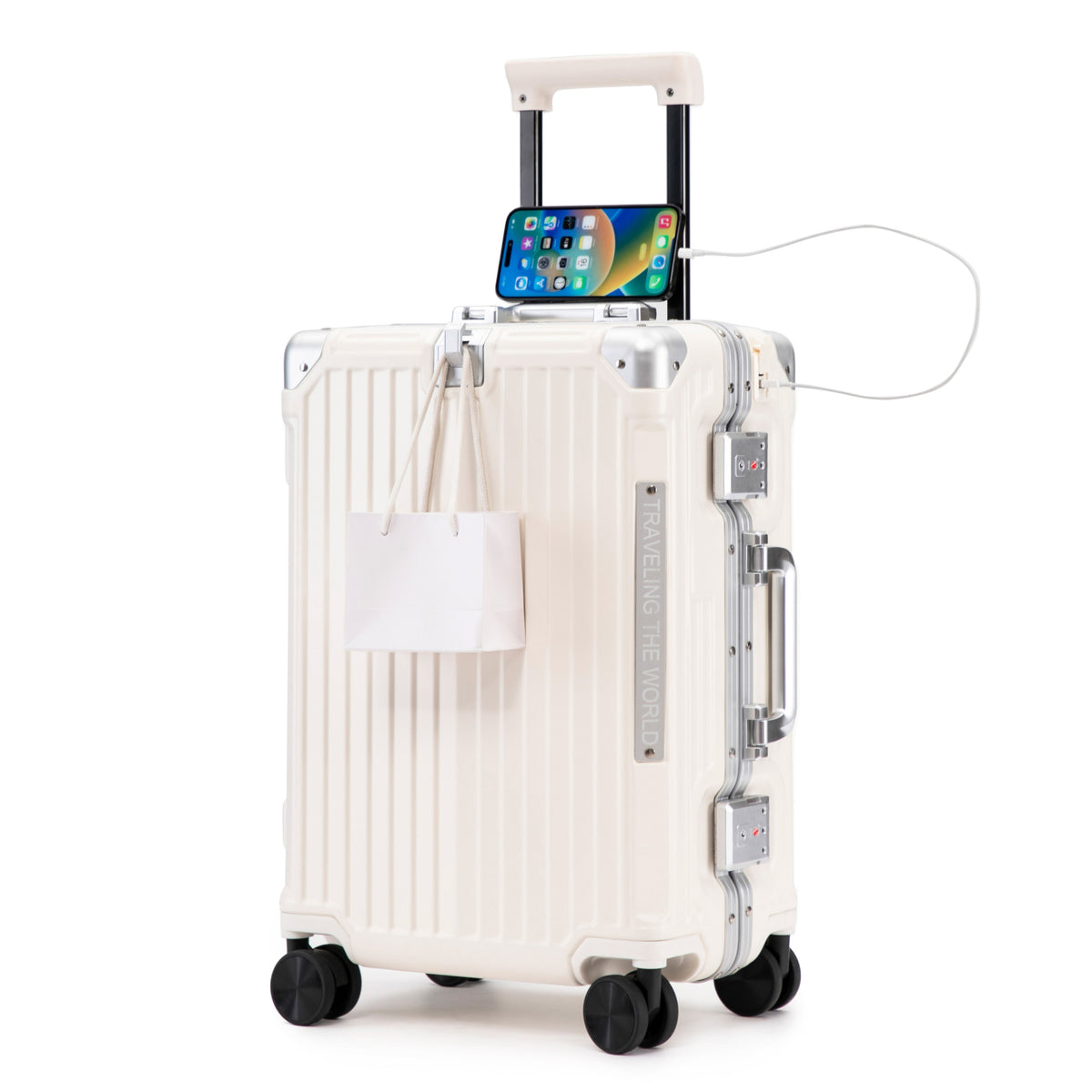 20 Inch Carry On Luggage, Aluminum Frame ABS Hard Shell Suitcase with USB Charging Port, Foldable Cup Holder, Hooks & Slow Rebound Handle, 360° Spinner Wheels Travel Trolley (Milk White)