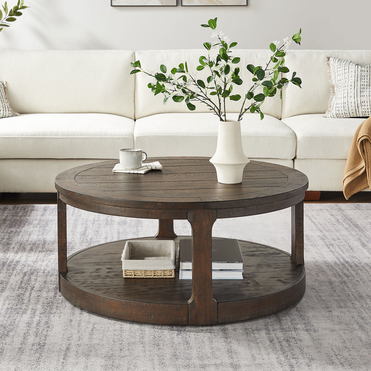 40inch Large Curved 2 Tier Traditional Round Circle Wooden Center Coffee Table,Mid Century Rounded Table with Wheels ,Rustic Style Table for living Room,Office,Apartment,Brown