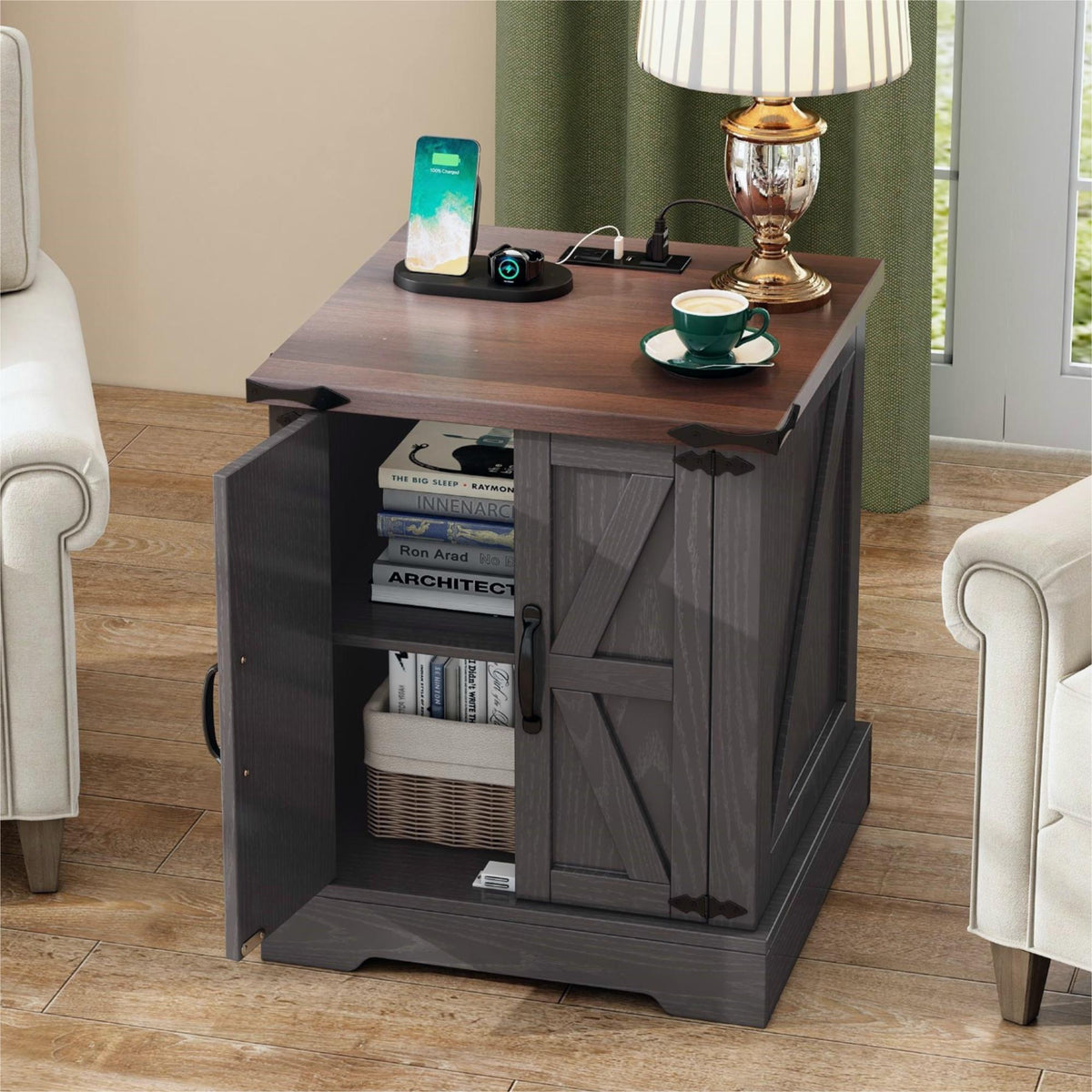 ON-TREND Farmhouse End Table with Charging Station, Rustic Wood Nightstand with Adjustable Shelf, 19.6'W Versatile Walnut Sofa Side Table with Barn Doors & Retro Hinges for Bedroom, Living Room, Grey
