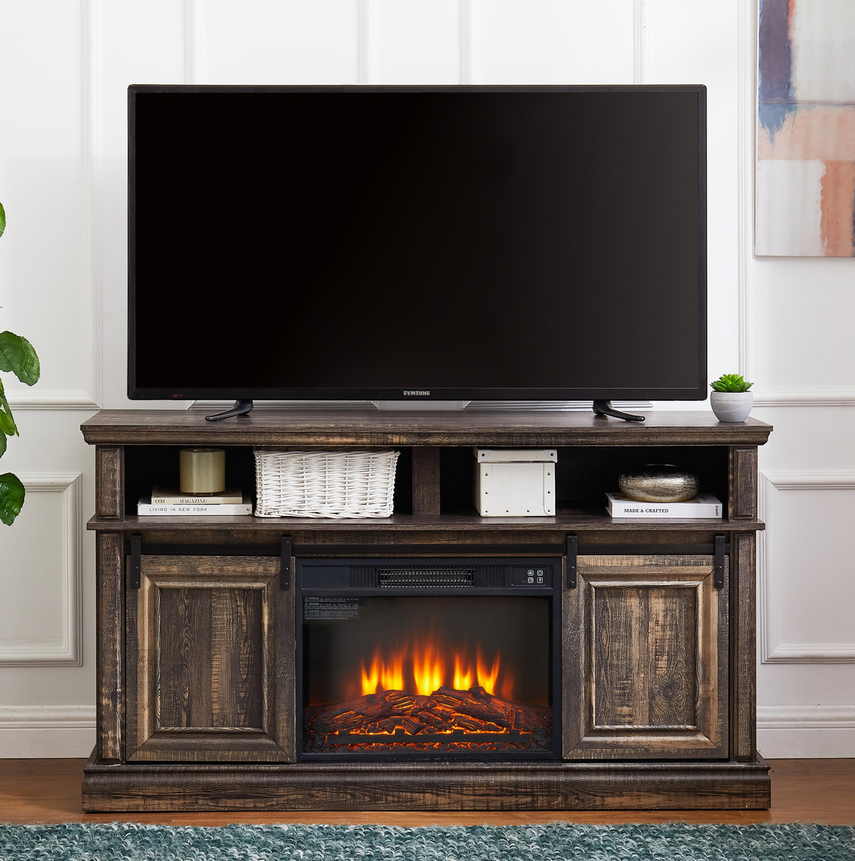 Modern Entertainment Console TV Stand with 23' Fireplace Insert, Multipurpose Sliding Door TV Cabinet Large Storage Space, 58.11'W*15.79'D*32.36'H Antique brown
