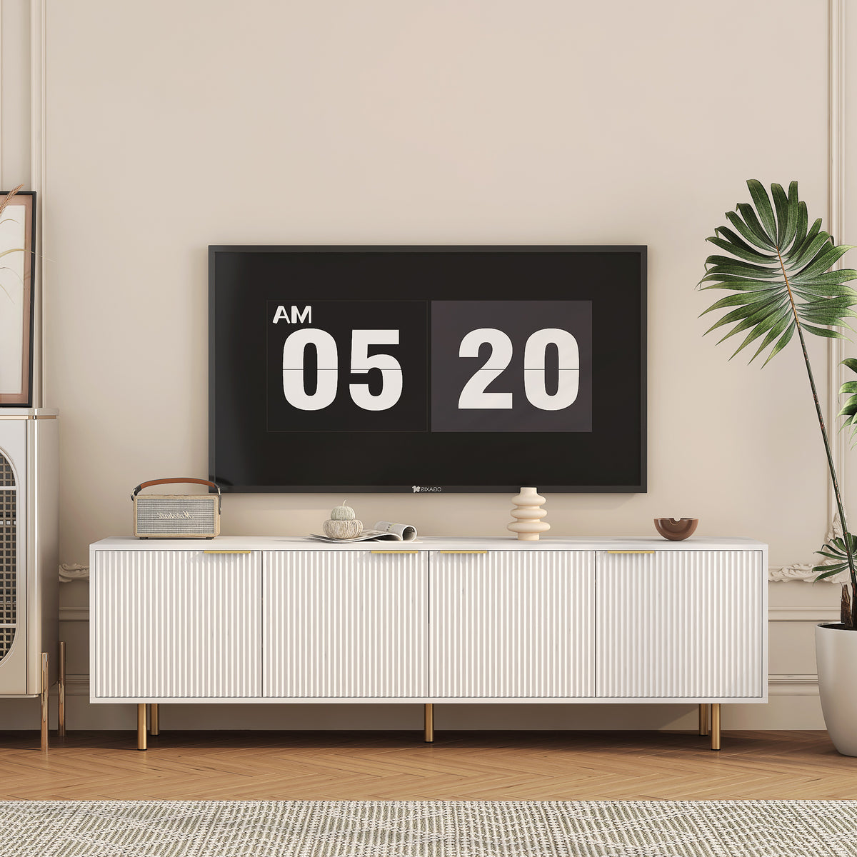 White Modern TV Stand Fluted 68' t, Entertainment Center with Storage Doors, TV Console Media Cabinet,  for 55+ Inch TV, Living Room