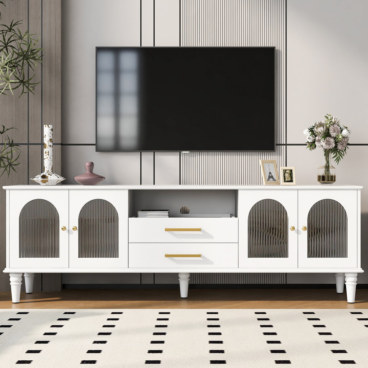 U-Can 68.9'' Retro TV Stand for TVs up to 75 Inches, Entertainment Center Media Console with Fluted Glass Doors and Five Solid Wood Legs for Living room