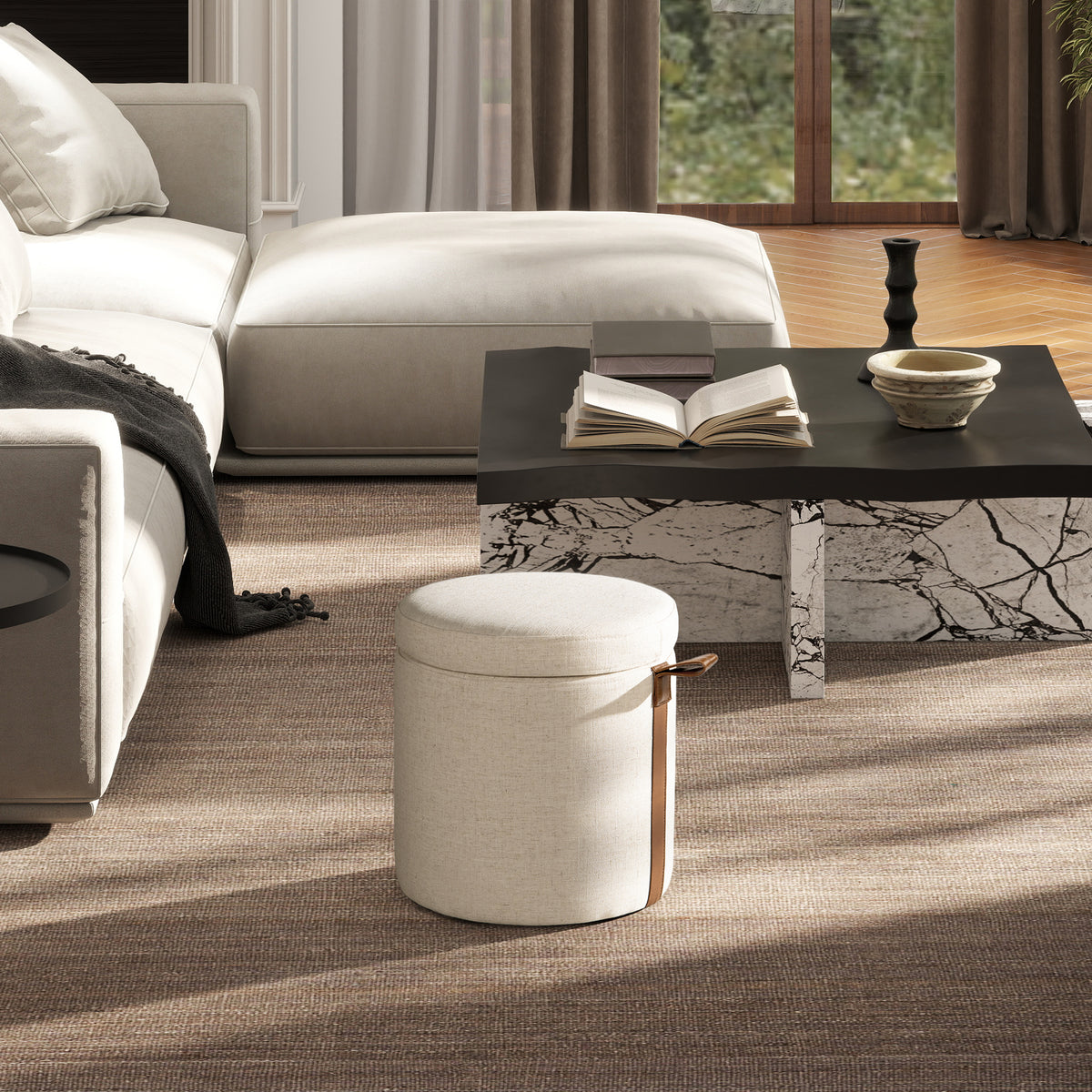 Brandy 14' Round Upholstered Storage Ottoman with Leather Accent, Flax White