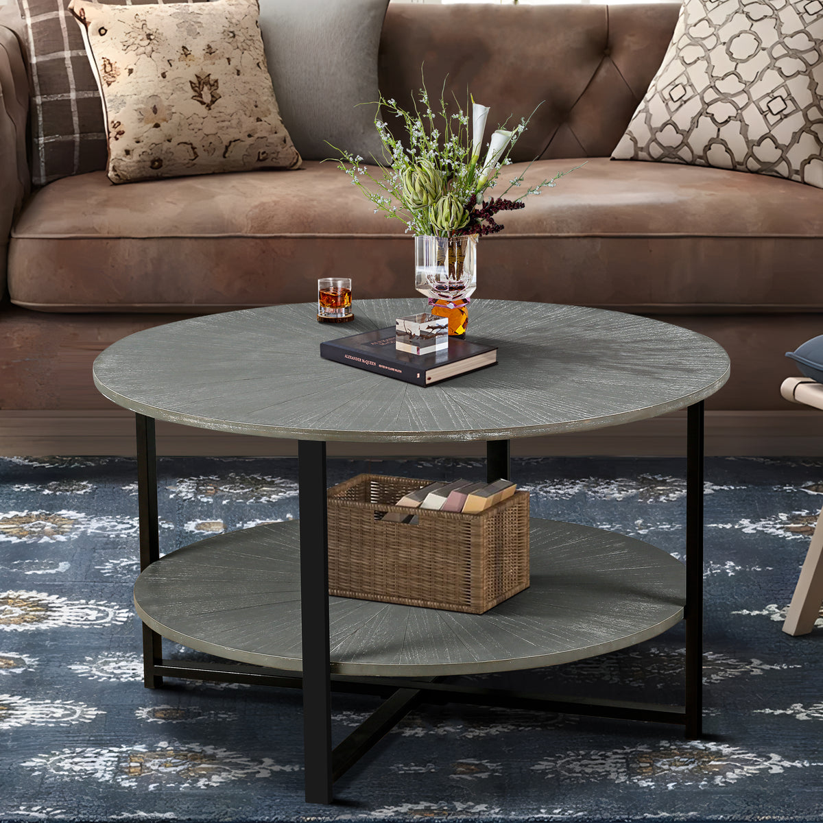 31.5'D x 31.5''W x 18.3''H  Round Coffee Table With 2-Tier Storage, Farmhouse Living Room Cocktail Table With Black Metal Leg,Patchwork Desktop Effect Easy Assembly(Antique Gray)