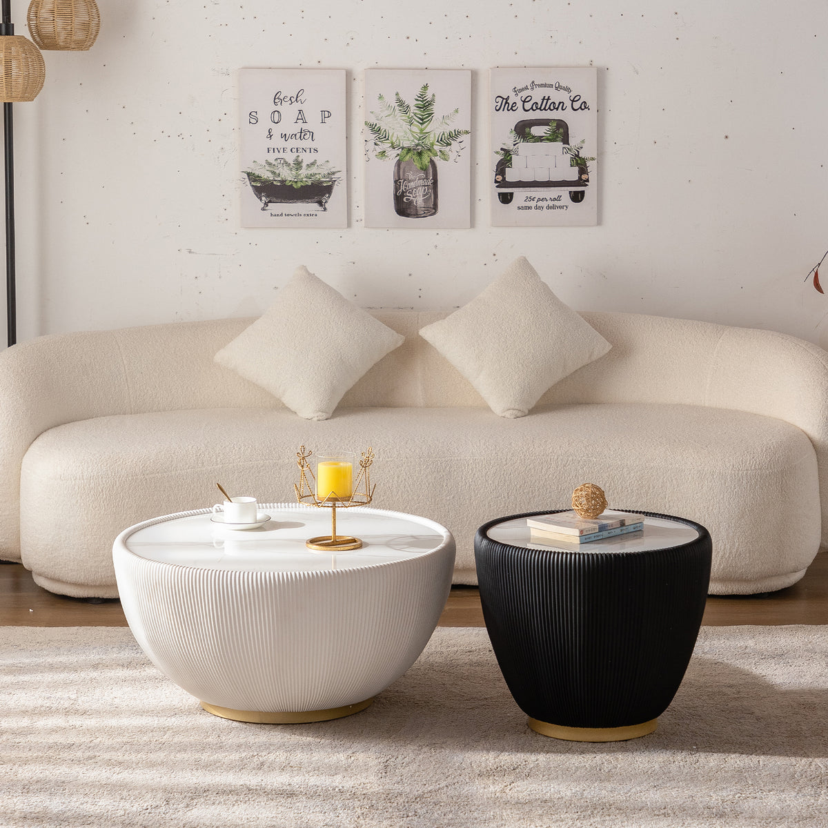 Modern Coffee Table Set, Round Drum Coffee Table with Sintered Stone, PU Leather and metal Base, White and Black Set, 29.53' & 19.7'
