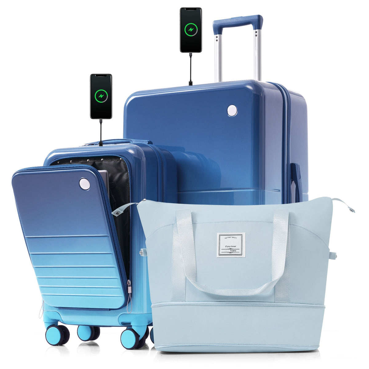 3-Piece Luggage Set with 20' Front-Opening Carry-On, 28'  Suitcase, and Expandable Travel Bag, blue