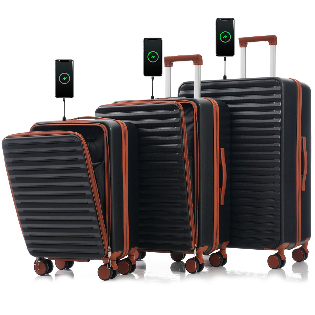 Luggage 3 Piece Sets,20/24/28', 20 '24' with front pocket,Hard Shell Luggage Carry on Luggage Set with TSA Lock 
 ,usb,universal wheel,cup holder,black
