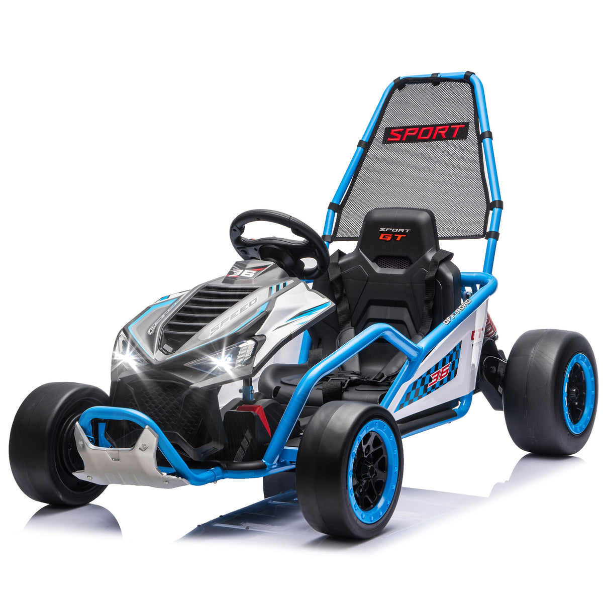 Blue 24V 400W Electric Kids Ride-On Go-Kart with Roll Cage, EVA Tires, Rear Suspension, Bluetooth Music, 5-Point Harness, 5-7.5 MPH Speed