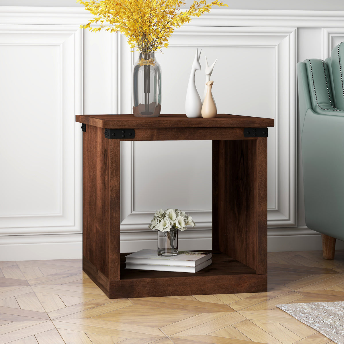 24 inch Side Table, No Assembly Required, Aged Whiskey Finish