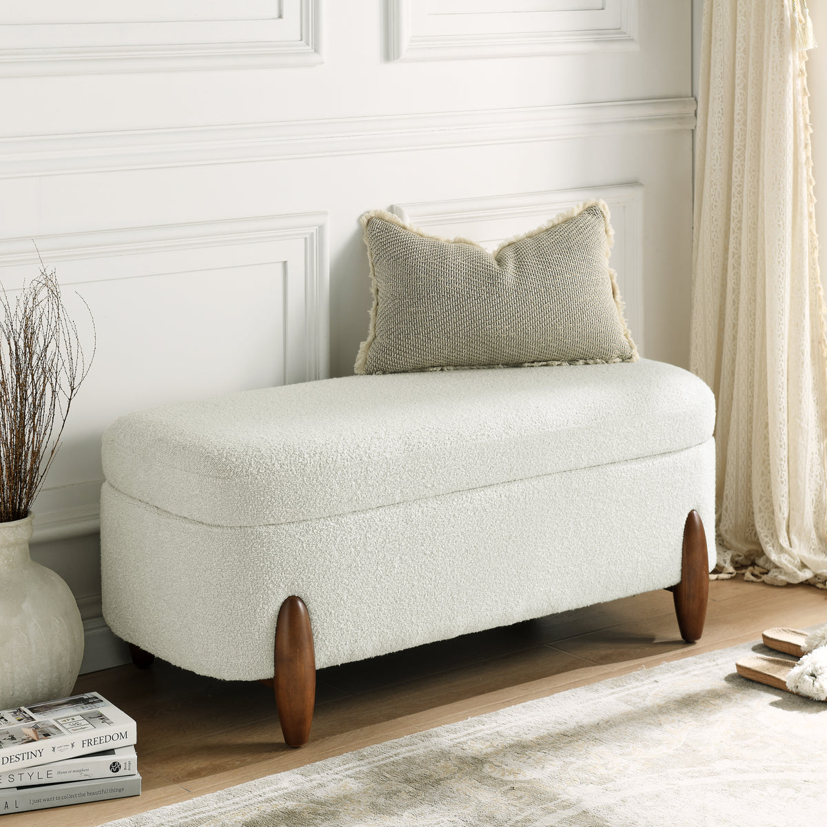 Ottoman bench with storage and seat cushion, made of looped gauze material, suitable for bedrooms, living rooms, and entrance passages-BEIGE(42.5'*20.5'*18.5')