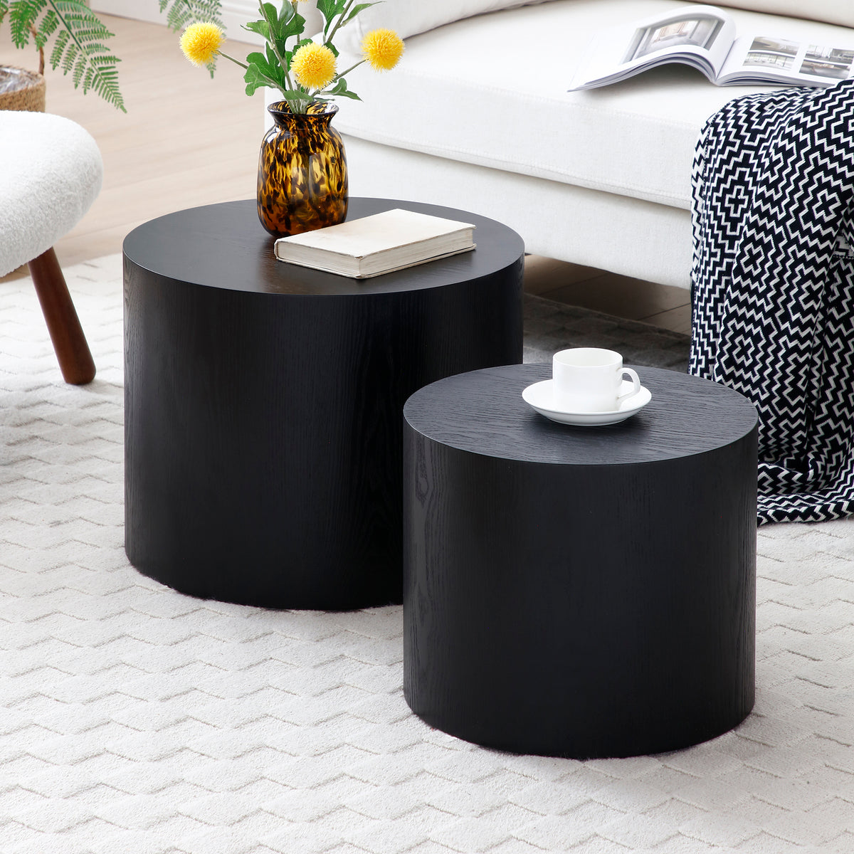 Round Coffee Table Set of 2, Nesting Coffee Tables for  MDF with  veneer .for living room,office,bedroom,Natural, 4Colors