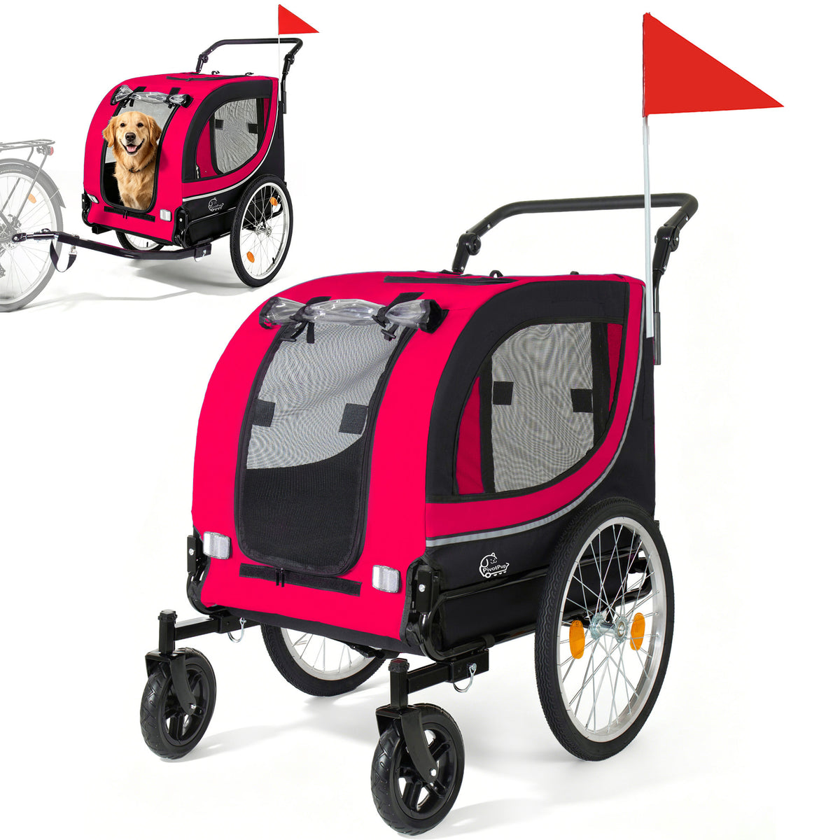 2-in-1 Bike Trailer & Pet Stroller for Dogs up to 100lbs– Foldable Pet Carrier Cart with two 8'' Front Caster & 20'' Quick Release Air-Filled Wheels, Breathable Mesh and PVC Rain Cover, Red