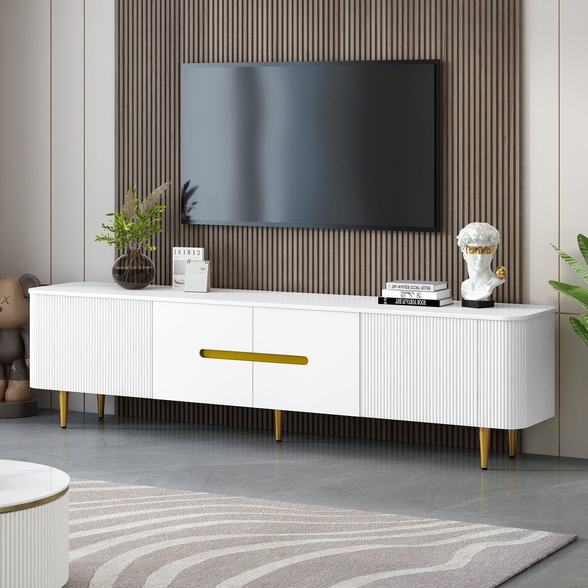 U-Can 78.7''Minimalist TV Stand for TVs up to 85 Inches, Modern Entertainment Center Media Console with 4 Spacious Cabinets for Living room