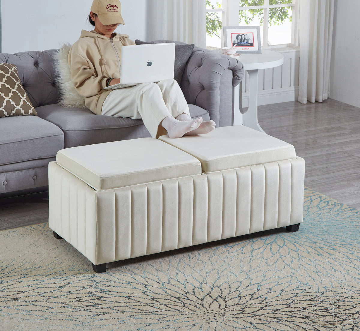 45 inch Wide Contemporary Square CubeStorage Ottoman Bench, Storage Bench with coffee tray,coffee table for Living Room Ottoman  foot rest for Bedroom End of Bed, BEIGE velvet fabric in modern SAWING