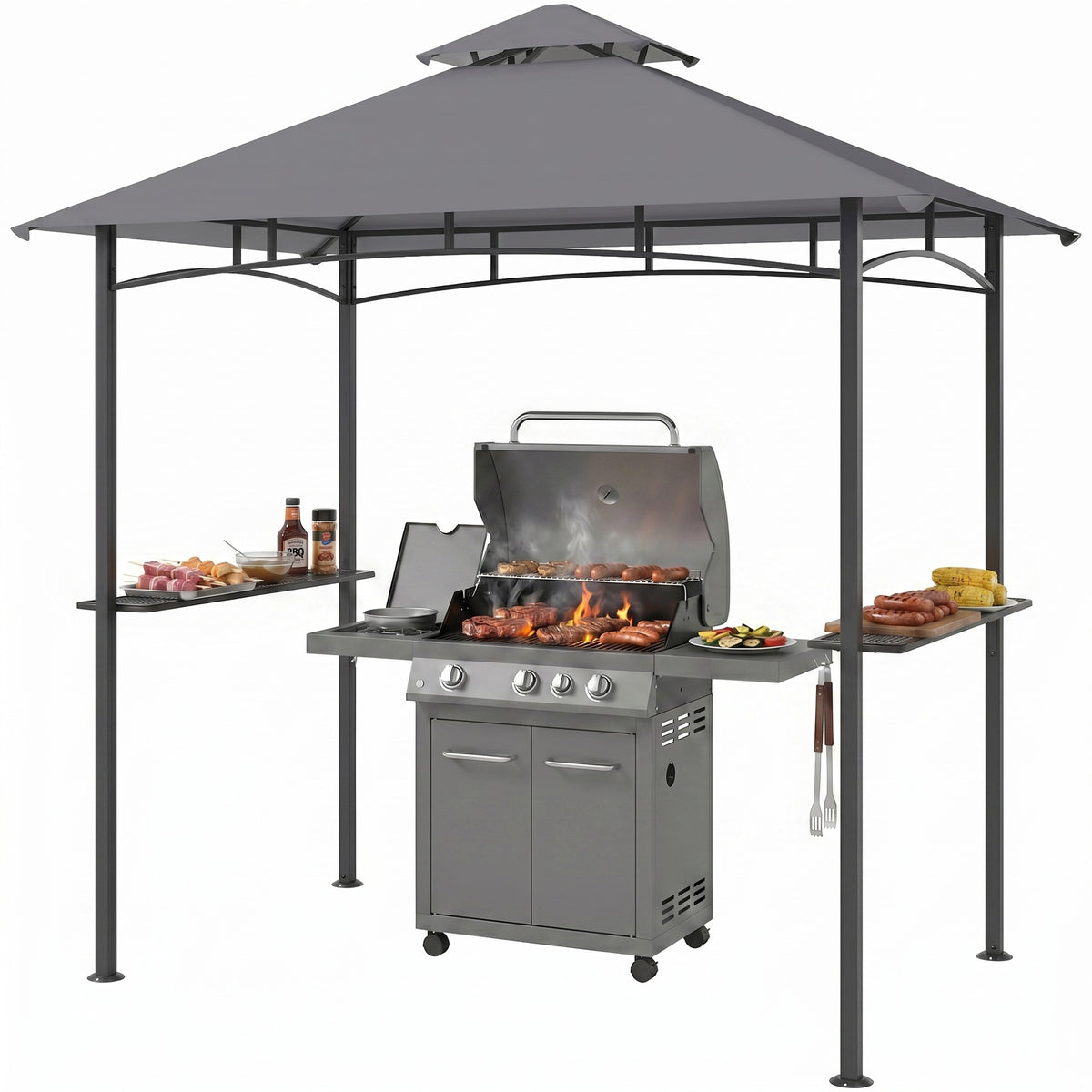 Outsunny 8' x 5' Grill Gazebo with Double Roof, Outdoor BBQ Gazebo with 2 Side Shelves, Steel Grill Tent Canopy for Patio Yard Garden, Gray
