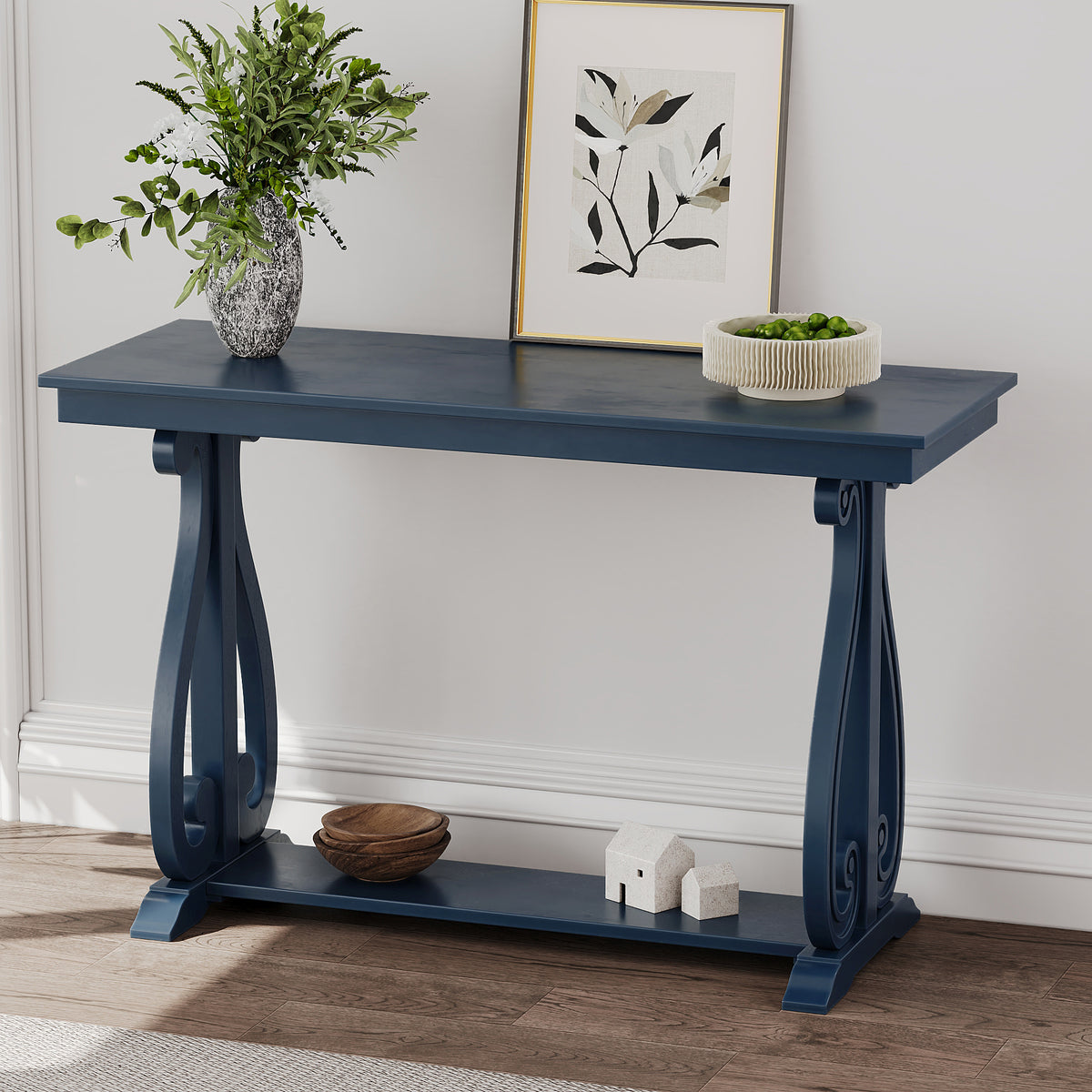 TREXM 48-Inch Rustic Vintage Console Table --- Farmhouse Style Entryway Table with Open Shelf and Sturdy Construction for Entryway and Living Room (Navy)