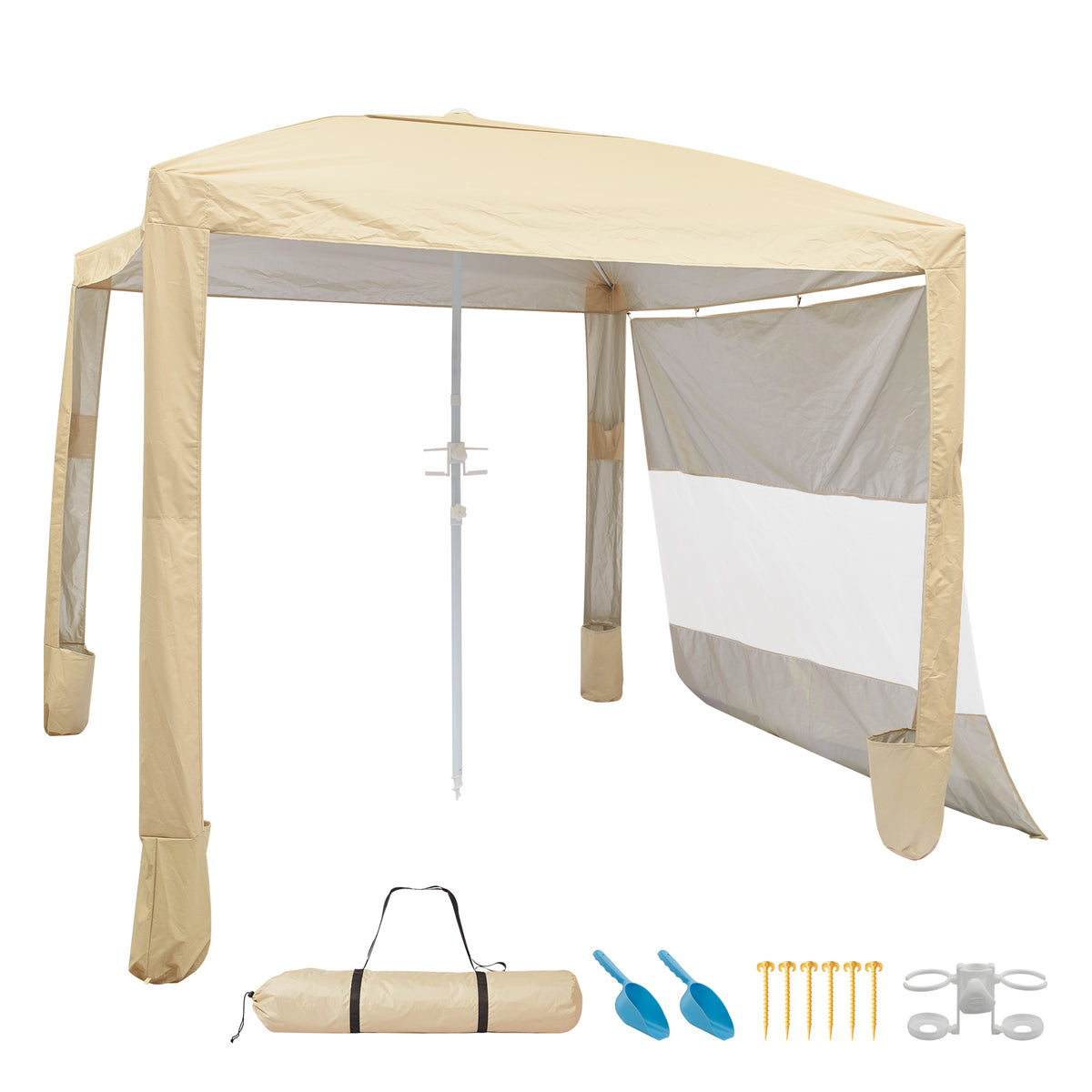 Beach Cabana, 8 x 8 ft Beach Canopy with Side Wall, UPF 50+ Protection Easy Setup Cabana Tent with Sand Pockets, Adjustable Height Portable Shade Sun Shelter Umbrella for Family & Friends, Khaki