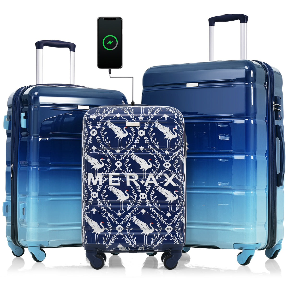 Luggage Set of 3, 20-inch with USB Port, Airline Certified Carry-on Luggage  , ABS+PC Hard Shell Luggage with Spinner Wheels,Indigo Swan