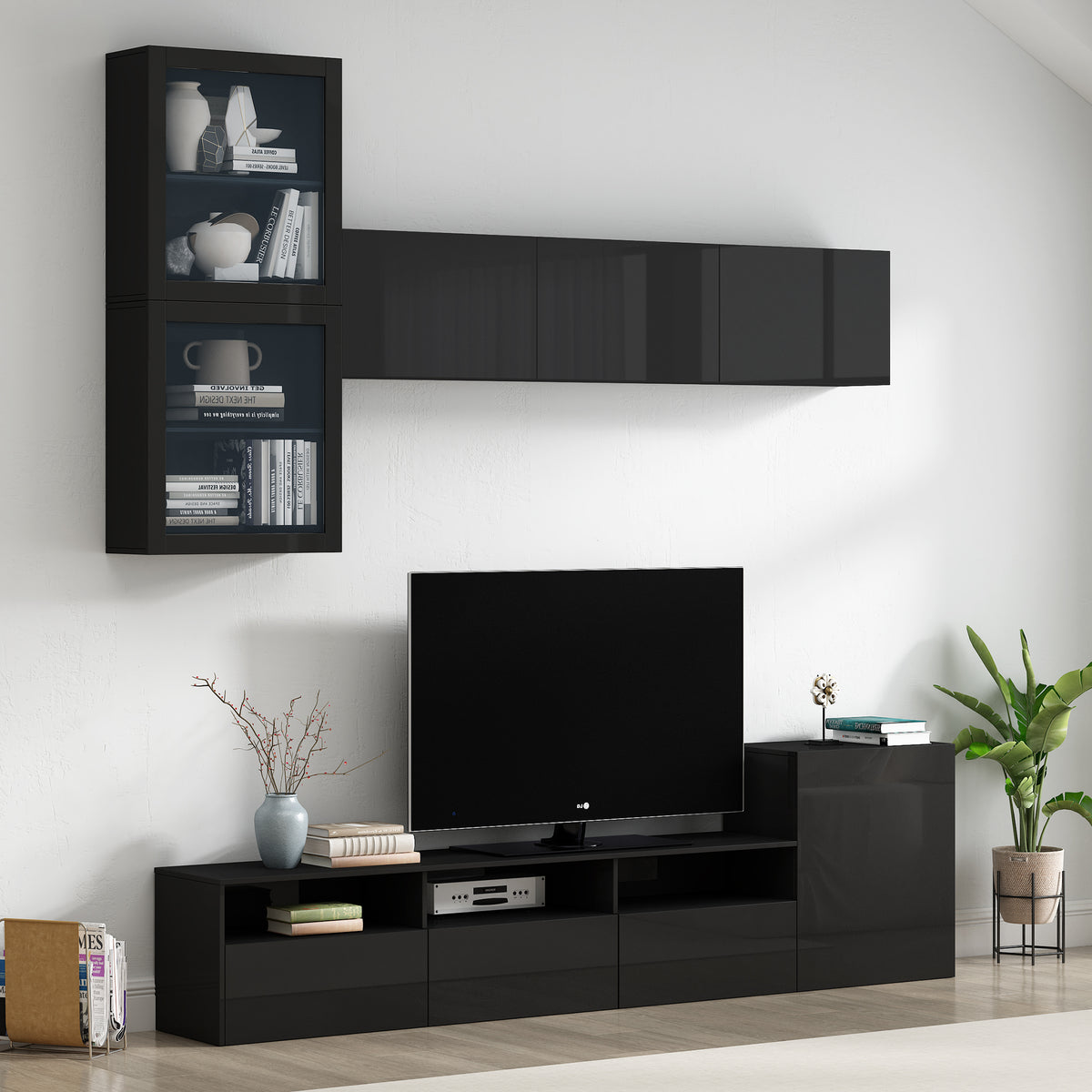ON-TREND High Gloss TV Stand with Ample Storage Space, Media Console for TVs Up to 78', Versatile Entertainment Center with Wall Mounted Floating Storage Cabinets for Living Room, Black