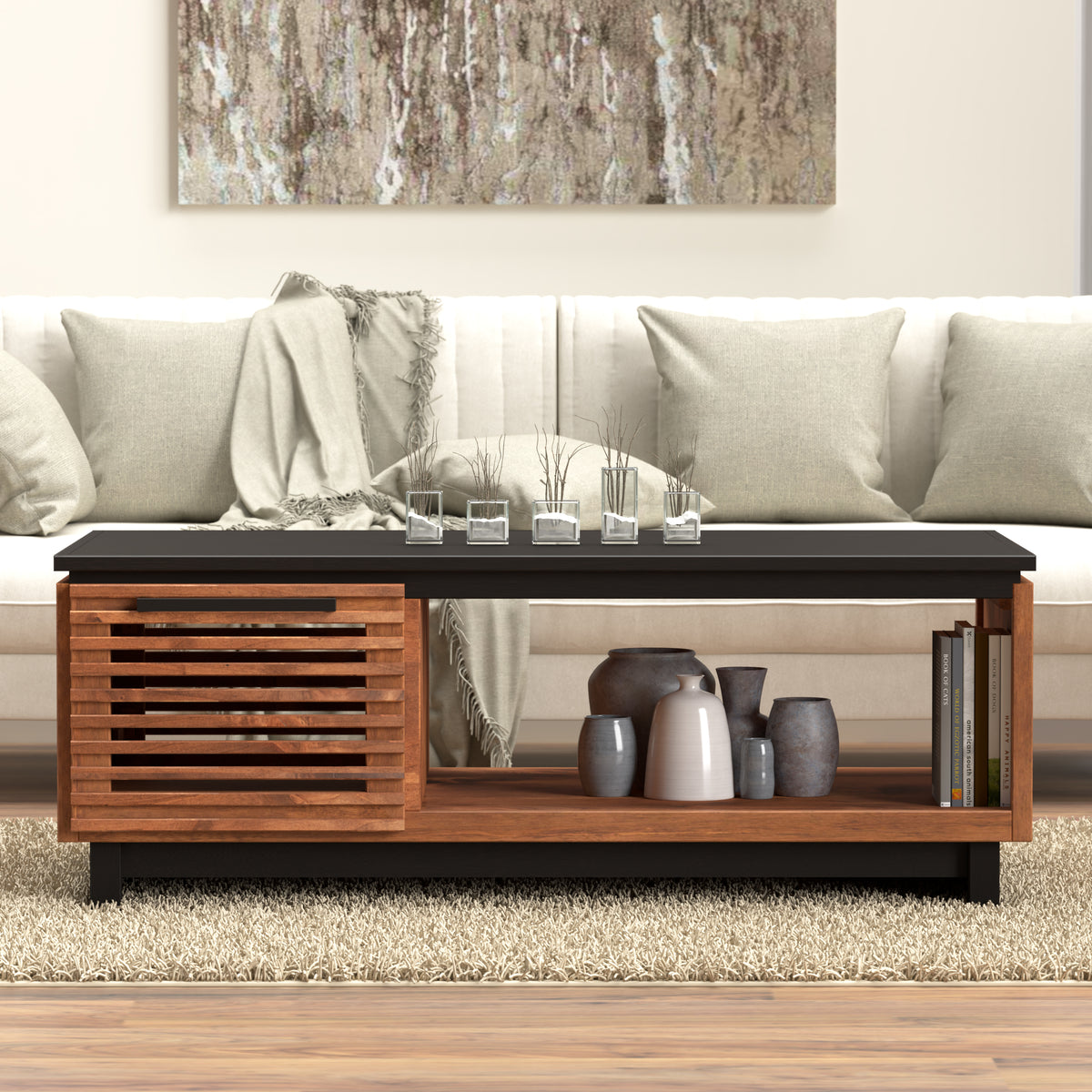 47' Coffee Table, No Assembly Required, Black with Bourbon Finish