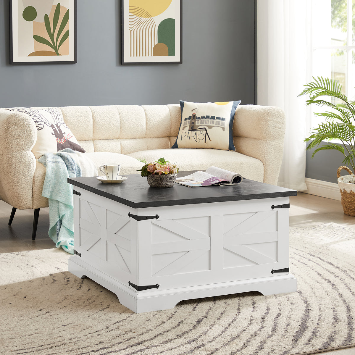 Farmhouse Coffee Table, Square Wood Center Table with Large Hidden Storage Compartment for Living Room, Barn design Center Table Rustic Cocktail Table with Hinged Lift Top for Home L31.5''*W31.5''*H18