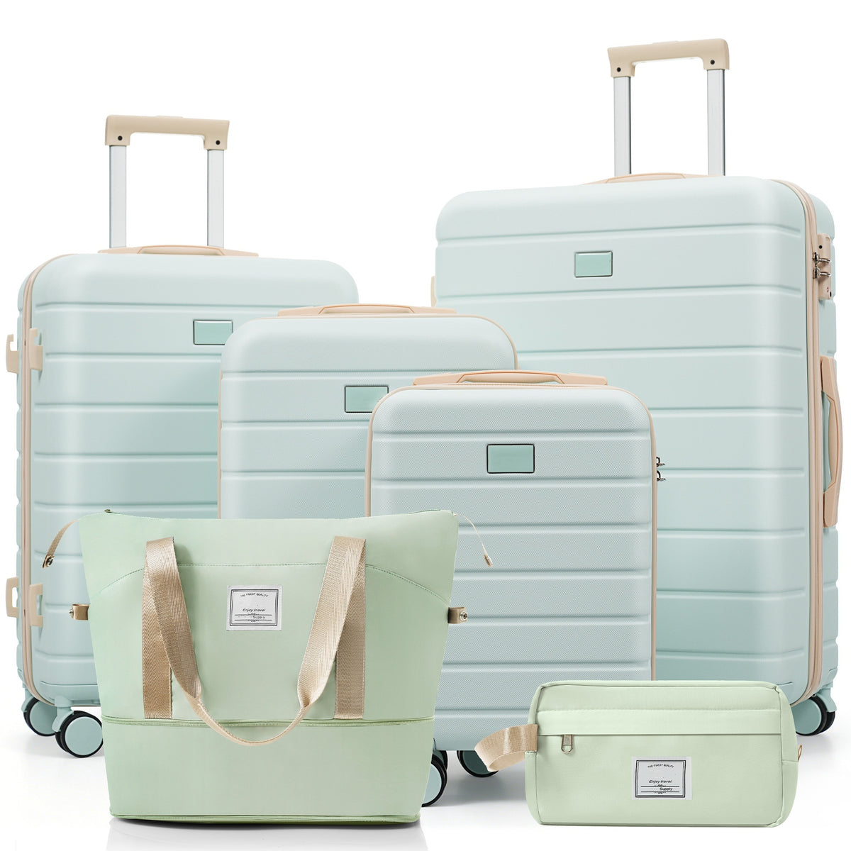 6-Piece Hardside Luggage Set with TSA Lock, 16/20/24/28 Inch Spinner Suitcase Set with Expandable Travel Duffel Bag & Waterproof Toiletry Kit, Adjustable Handle (grey green)