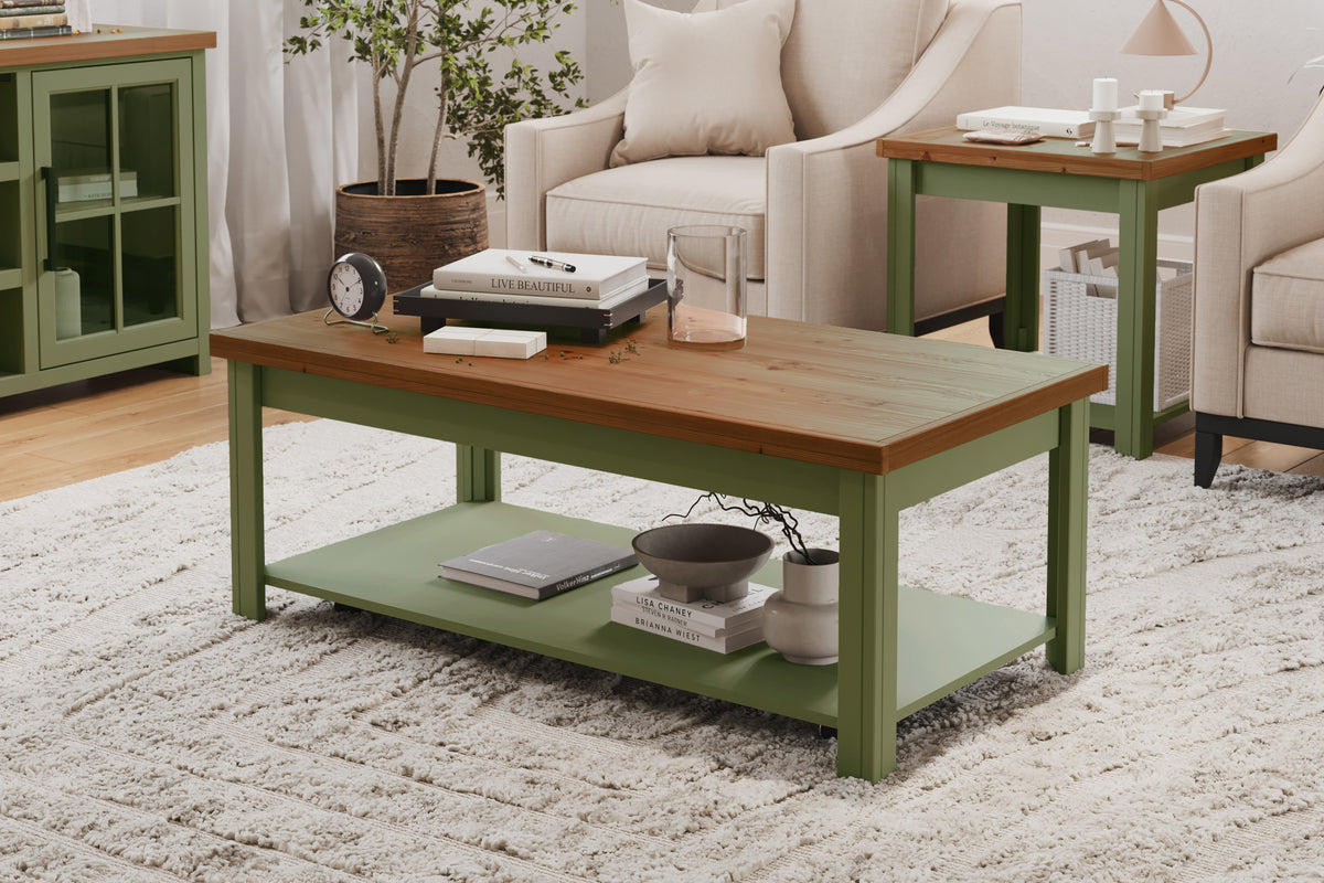 48 inch Coffee Table, No Assembly Required, Sage Green and Fruitwood Finish