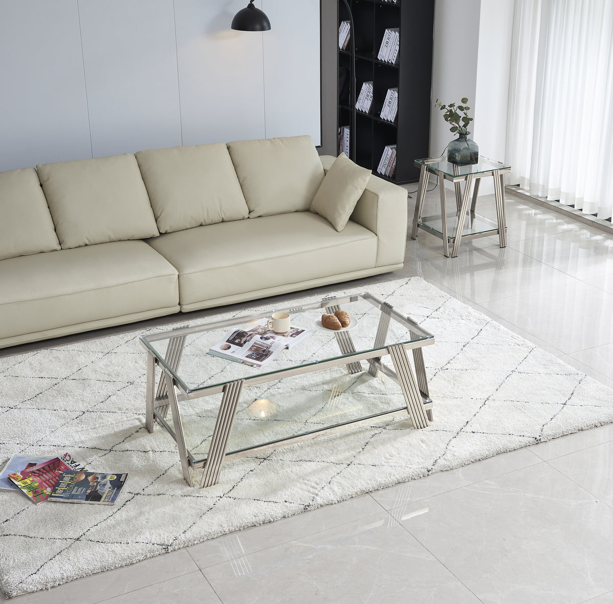 Modern Stainless Steel Coffee Table Set (Set of 2), Double-Layer Clear Tempered Glass Table Top, Coffee Table & End Side Table 2-Pieces Sets for Living Room Home Office, Silver