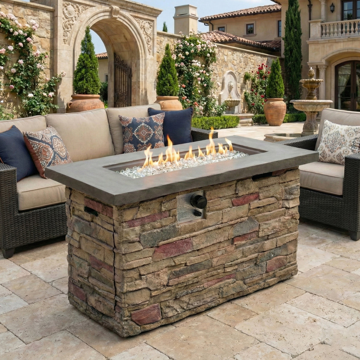 42' Propane Gas Fire Pit Table, 50000 BTU  Rectangular Concrete Fire Pit for Outside Patio Deck Garden Backyard - beigie multi