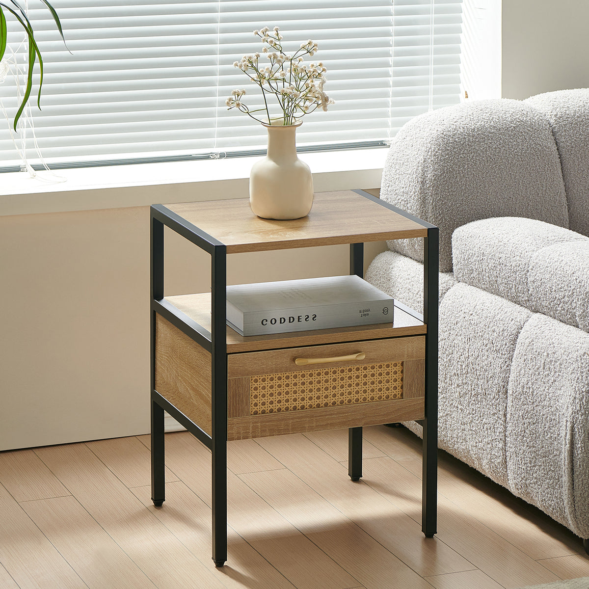 15.75' Rattan End table with  drawer, Modern nightstand, metal legs,side table for living room, bedroom,natural(1 pc)