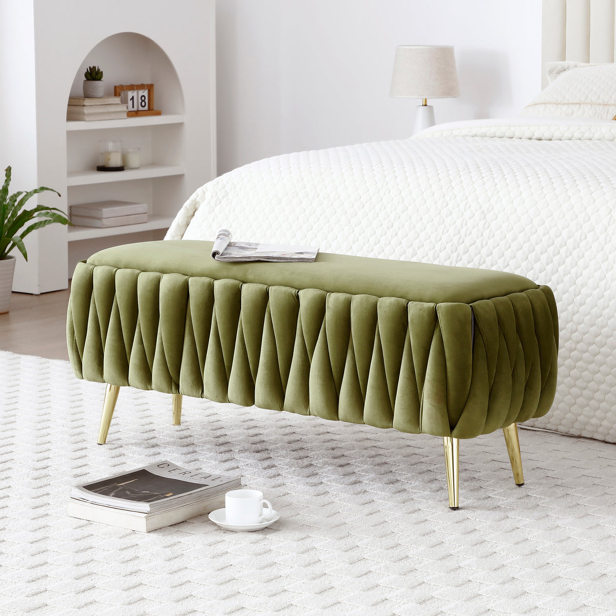Oval Storage Bench with Gold Legs,Velvet Fabric Upholstered Ottoman Storage Benches for Bedroom End of Bed,Sherpa Fabric Bench for Living Room,Dining Room,Entryway,Bed Side,Olive green,5 colors